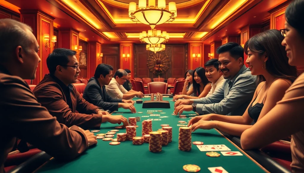 Players in an intense poker game at NHÀ CÁI XX88, showcasing colorful chips and luxurious decor.